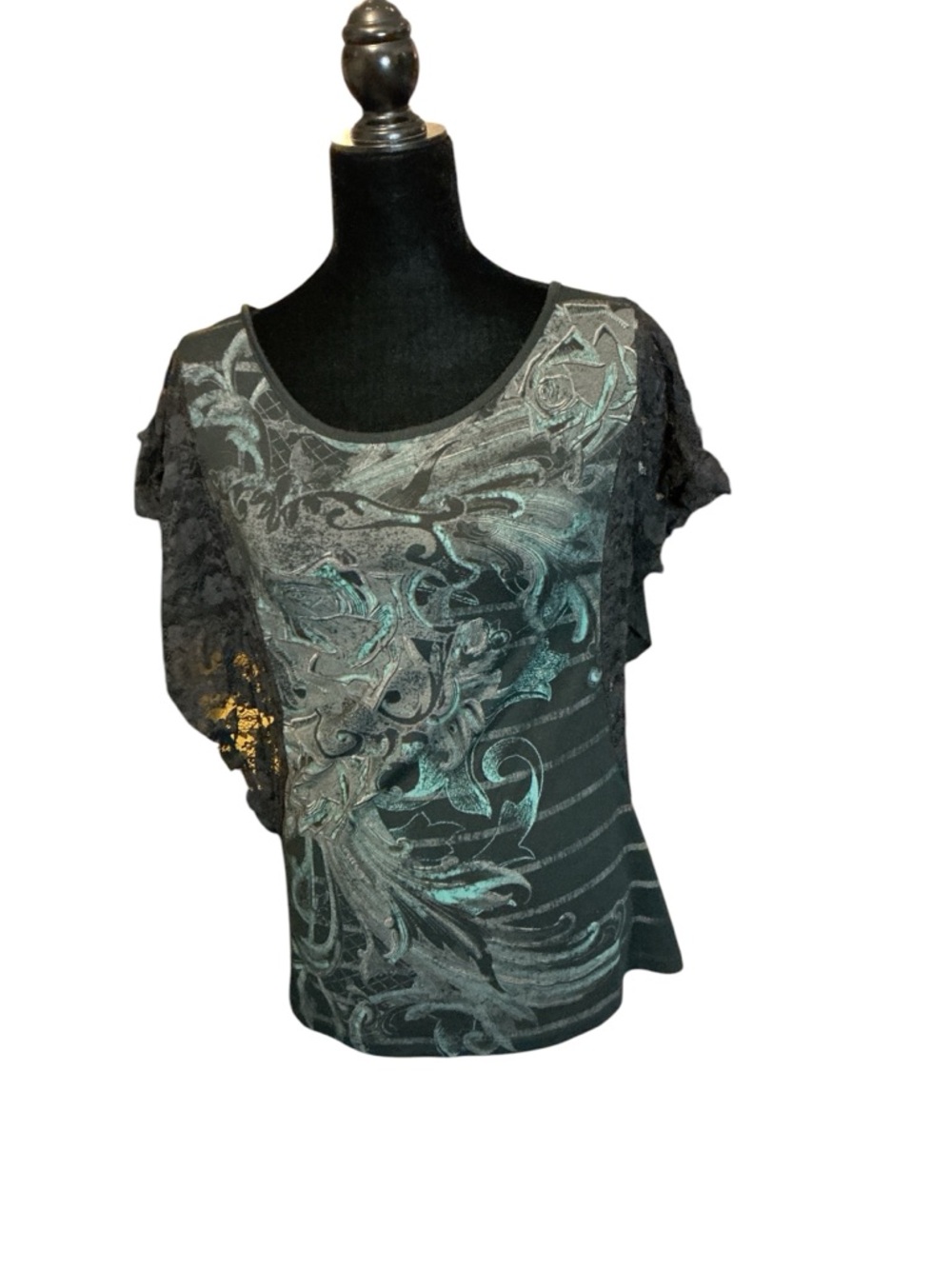 Women's Black Lace Sleeve Scoop Neck Top with Teal Foil Print